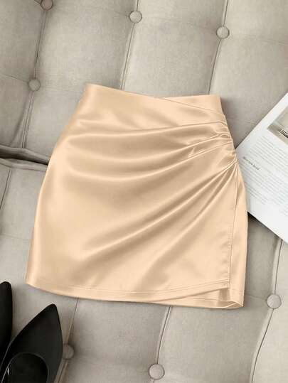 Franclia Fashionable New Glossy Asymmetrical Hem High Waist Slim Fit Pleated Bodycon Mini Skirt For Women, Spring/Summer