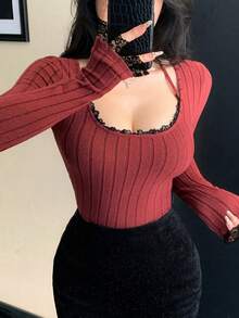 DAZY 女士蕾丝拼接露背系带长袖修身休闲T恤 Y2k - 紅色 - 查看 5