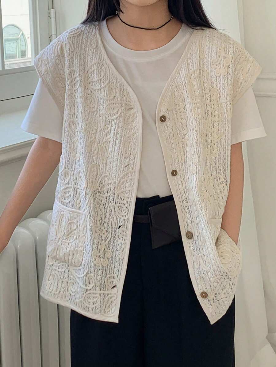 DAZY 少女蕾丝无袖背心外套 - 白色 - 查看 1