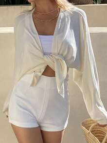 DAZY Áo khoác cardigan nữ tay dài, mỏng, dáng rộng, màu trơn, thích hợp cho kỳ nghỉ, mùa xuân/hè, chống nắng. - Màu be - Xem 5