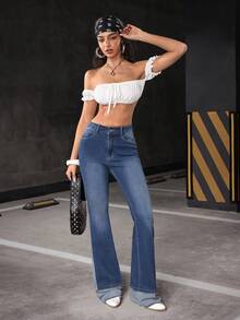 Jeanoix Women's Y2K Casual Fashion Street Daily Commute Flare Jeans - Dark Wash - View 4