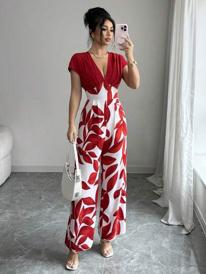 Franclia New Elegant Fashion Print V-Neck Waist Splice Color Jumpsuit