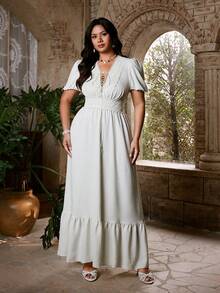 Flirla Plus Size Women's White Summer Boho Vacation V-Neck Drawstring Design Vintage Casual Preppy Punk Style Midi Dress,Regular Short Sleeve Daily Wear - Apricot - View 3
