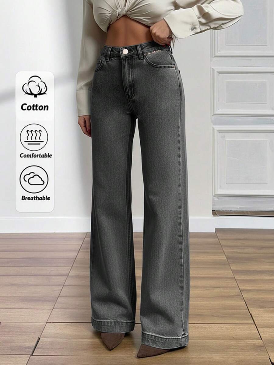 EURMUSE HIGH WAIST STRAIGHT JEAN PANT STYLE CASUAL - Grey - View 1