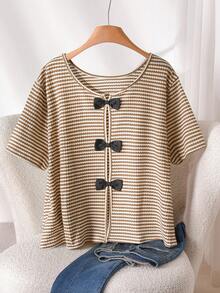 CosyJoli Plus Size Women Summer Casual Versatile Striped Loose Round Neck T-Shirt , Bowknot Back Short Sleeve Top - Khaki - View 3