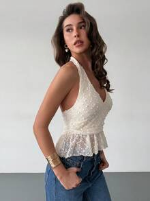Aloruh Top halter minimalista y sexy sin espalda para mujer, perfecto para vacaciones de verano en la playa, fiestas tropicales y festivales de música country; Top de chaleco jacquard bohemio, un atuendo de estilo callejero para chicas calientes. - Albaricoque - Ver 3