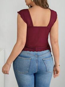 SHEIN Tall CURVE 大码纯色心形领荷叶边不对称下摆时尚吊带背心夏季度假上衣/夏季上衣 - 紅色 - 查看 2