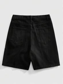 ROMWE MEN Street Life Men's Rhinestone Button Pocket Casual Versatile Daily Wear Denim Shorts - Black - View 2