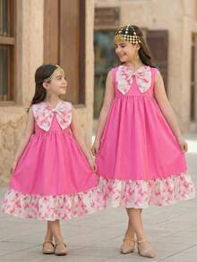 SHEIN DRMZ Tween Girls' Big Bowknot Patchwork Print Vacation Dress,Kids - Pink - View 4