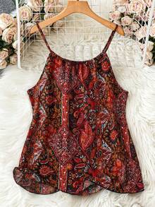SHEIN LUNE Plus Size Women Tropical Plant Printed Loose Casual Cami Top For Vacation Travel Airport, Summer,Western Wear Women Boho Tank Top Bohemian Outfit For Women Women's Summer Tops Boutique Tops For Women Women's Tops Boho Tank Tops Bohemian Tops Cami Top For Women Women's Playsuits Summer Bohemian Tops For Women Festival Tops For Women Latest Tops For Women New Arrivals Boho Dress Ladies Dresses - Red - View 1