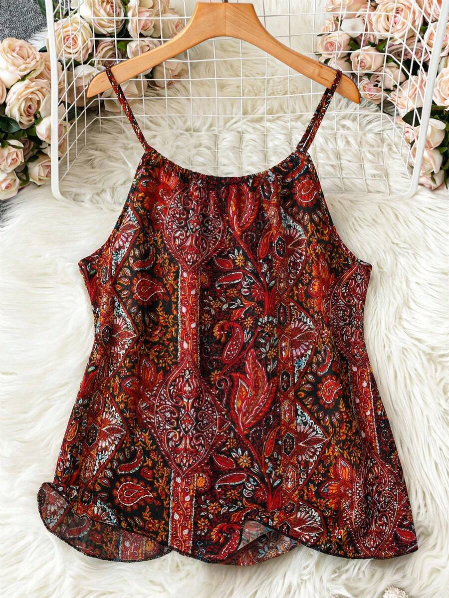 SHEIN LUNE Plus Size Women Tropical Plant Printed Loose Casual Cami Top For Vacation Travel Airport, Summer,Western Wear Women Boho Tank Top Bohemian Outfit For Women Women's Summer Tops Boutique Tops For Women Women's Tops Boho Tank Tops Bohemian Tops Cami Top For Women Women's Playsuits Summer Bohemian Tops For Women Festival Tops For Women Latest Tops For Women New Arrivals Boho Dress Ladies Dresses - Red - View 1