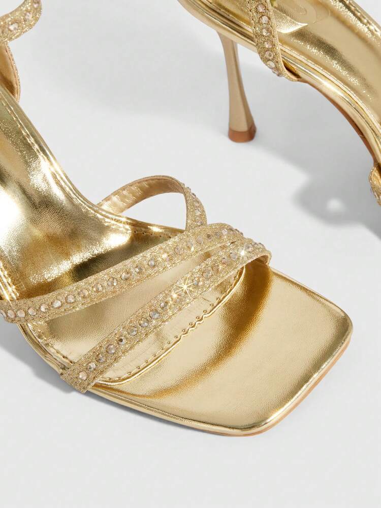 CUCCOO SZL Square Toe Stiletto High Heel Shoes, Sexy Fashion Rhinestone Embellished Ankle Strap Sandals, Apricot Color, Suitable For Dresses, Party, Nightclub