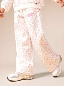 SUMWON Tween Girls Floral Print Hoodie And Sweatpants Co-Ord Set Without Drawstring Hood For Casual Wear - White - View 4