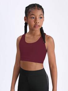 Tween Girls' Minimalist Solid Color Round Neck Elastic Breathable Sports Tank Top, Summer - Burgundy - View 3