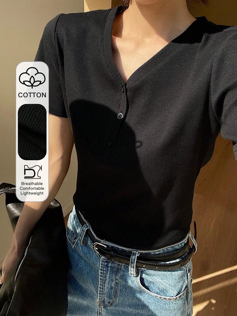 Livesso 女士宽松休闲商务办公街头风短袖黑色衬衫,春夏款 - 黑色 - 查看 1