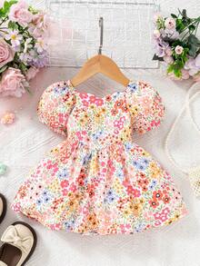 SHEIN Playful Pals Baby Girls' Floral Ruffled Bubble Short Sleeve Square Neck Dress, Spring/Summer - Red - View 4