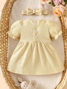 SHEIN Cute Newborn Baby Girl Yellow Dress & Bow Headband Set,Soft Summer Colour Palette,Summer Princess Lace Collar Fluffy Skirt Lettuce Ruffle Trim Outfit - Apricot - View 2