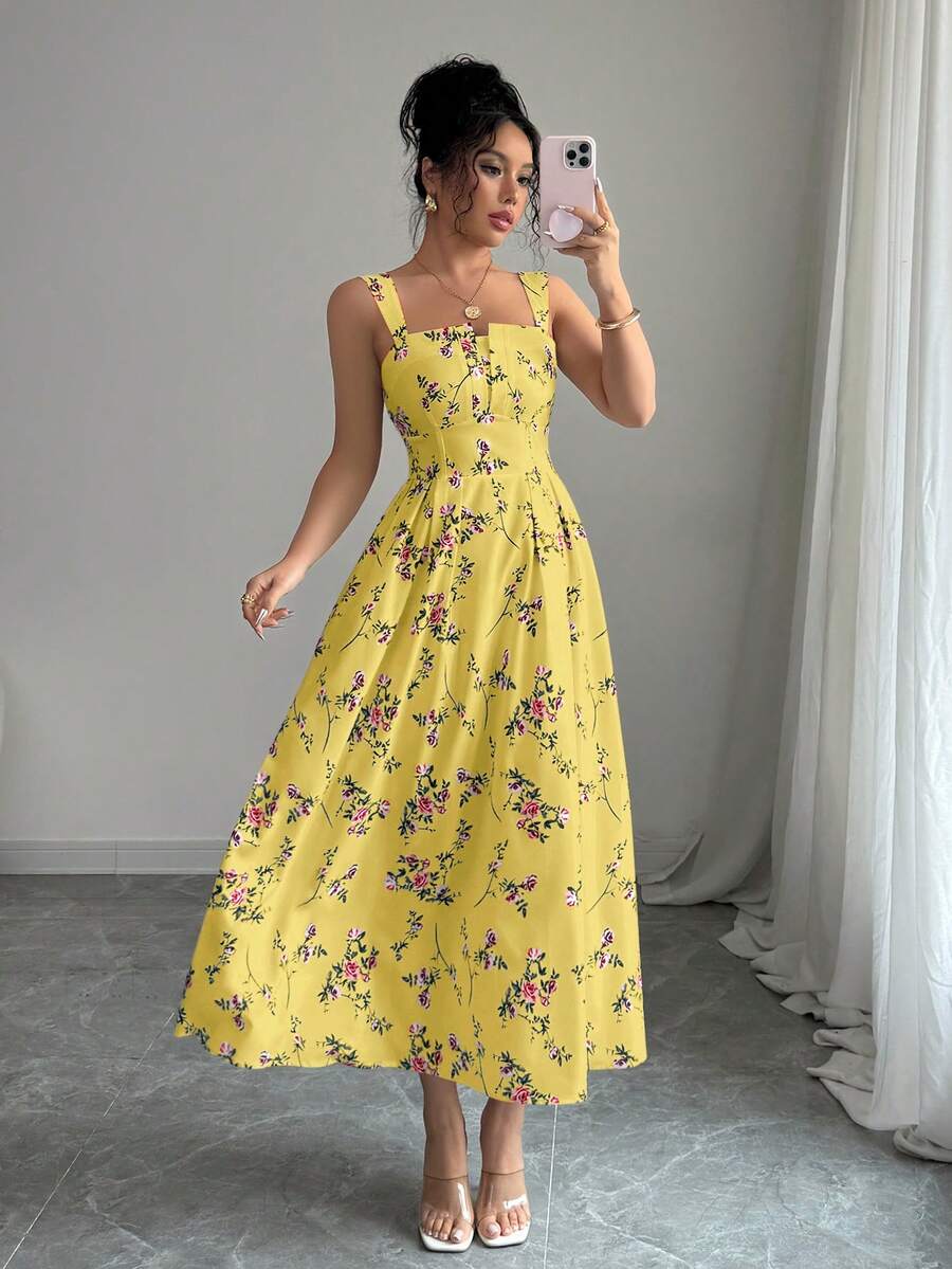 Elenzga Latest Floral Elegant Waist Shirred Long Dress For Women, Spring/Summer - Yellow - View 1