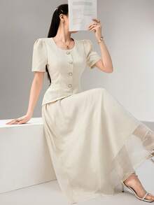 Heiryn 2件套 女士通勤优雅花瓣袖上衣和裙子 - 淡黃色 - 查看 2