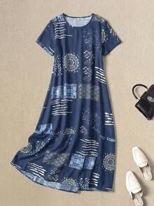 Rusticease Women's Fashionable Tie-Dye Patchwork Shirt Dress,Navy Blue And White Summer Boho Vacation Holiday Short Sleeve Casual Maxi Outfit For Women - Multicolor - View 3