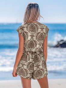 Sylviya Bộ jumpsuit nữ in họa tiết trừu tượng, kiểu dáng cơ bản tay ngắn, thích hợp cho đi chơi, du lịch, mặc hàng ngày, phong cách vintage xuân/hè. - màu nâu - Xem 2