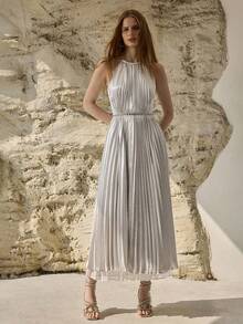 MOTF PREMIUM VESTIDO PLISADO DE MUJER CON CUELLO DE HALTER, PATCHWORK DE GASA, PRIMAVERA/VERANO - Plateado - Ver 4
