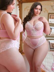 PetitDoll 4pcs Plus Size Sexy & Cute Lace Patchwork Mesh Underwear Set With Underwire Wedding - Pink - View 4
