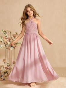 Đầm chiffon không tay thanh lịch dành cho bé gái, thích hợp làm phù dâu, dự đám cưới, dạ hội, tiệc sinh nhật, tiệc chiêu đãi. - Hồng - Xem 1