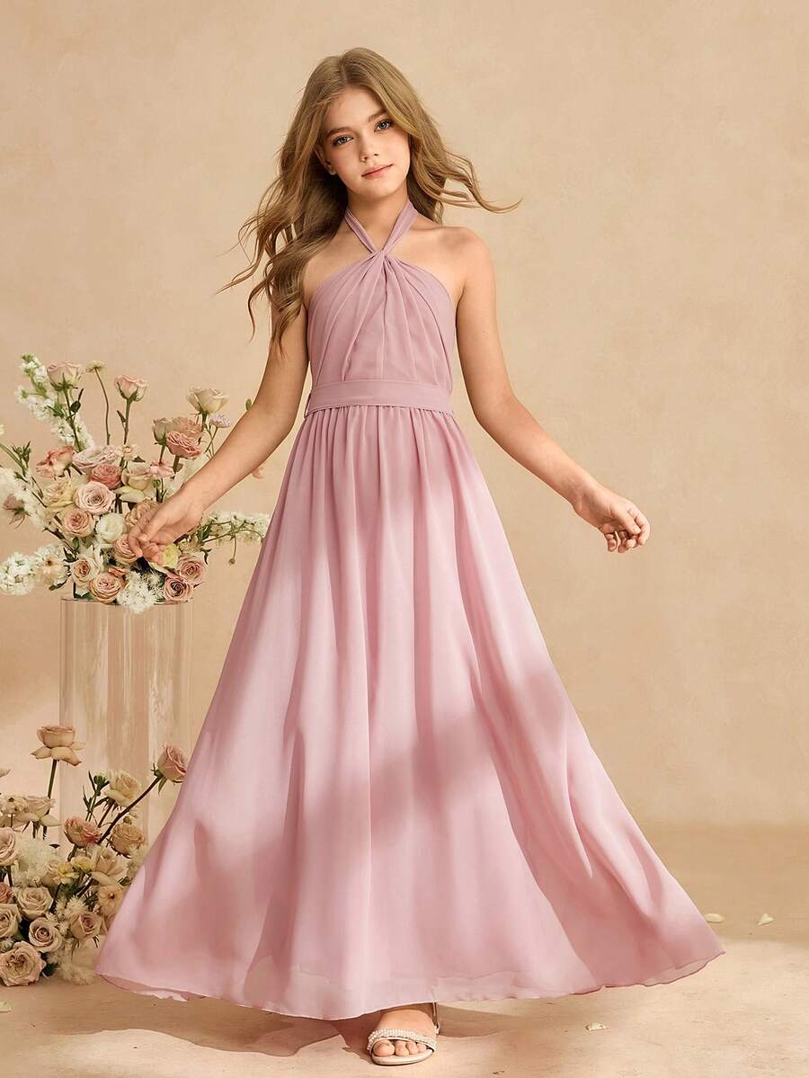 Đầm chiffon không tay thanh lịch dành cho bé gái, thích hợp làm phù dâu, dự đám cưới, dạ hội, tiệc sinh nhật, tiệc chiêu đãi. - Hồng - Xem 1