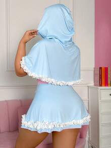 Fantasy Costume Bộ đồ lót lụa sữa cỡ lớn 3 món: Váy hai dây với viền ren xếp nếp, trang phục quyến rũ. - Màu xanh nhạt - Xem 2