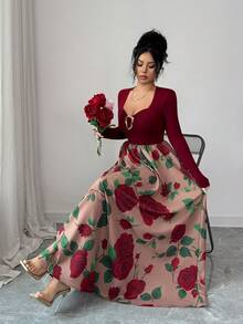 Elenzga 女士优雅浪漫复古酒红色心形领金属纽扣装饰玫瑰印花喇叭长袖修身连衣裙，春秋季 - 彩色 - 查看 5