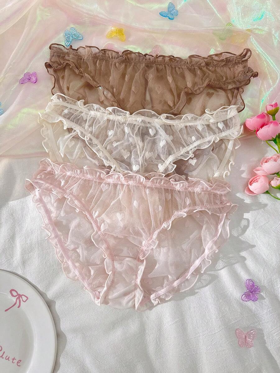 PetitDoll 3pcs/Set Heart Shaped Jacquard Mesh Ruffle Hem Hollow Back Panty Set - Multicolor - View 1