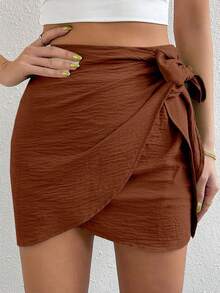 Pariaura Solid Color Wrap Knotted Asymmetric Hem Casual Skirt - Mocha Brown - View 5