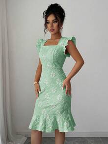 Elenzga Đầm công sở Jacquard thanh lịch cho mùa hè - Xanh nhạt - Xem 5