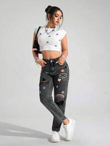 SHEIN ICON 大码做旧百搭休闲彩色印花牛仔裤 - 黑色 - 查看 5