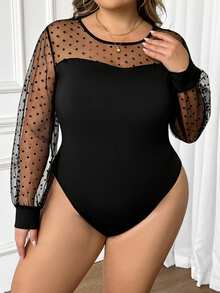 SHEIN CURVE+ Plus Size Women Flocked Polka Dot Mesh Patchwork Jumpsuit - Black - View 3