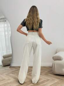 EURMUSE Jean droit blanc en denim à taille haute avec clous pour femmes - Blanc - Voir 3