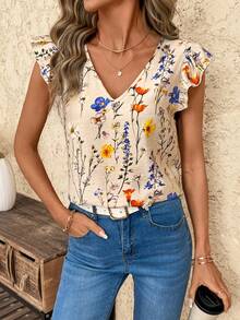 SHEIN Clasi 女士V领短袖衬衫，乡村花卉印花，春夏百搭上衣 - 彩色 - 查看 4