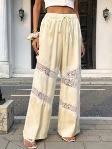 SHEIN PariChic White,Autumn,Classy,Elegant,Vacation,Holiday French Soft Style Lace Patchwork Straight-Leg Pants Women,Stretch Waist Drawstring Loose Wide Leg Palazzo - Apricot - View 6