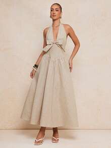 Lumalex 女士优雅无袖露背系带蝴蝶结中长连衣裙，米色条纹，春夏款 - 彩色 - 查看 5