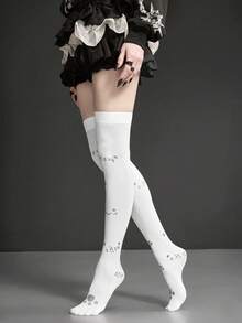 ROMWE Anime 1 双可爱猫爪和表情符号印花卡哇伊甜美时尚过膝袜，适合洛丽塔、动漫、休闲、约会、学校、音乐节、动漫大会 - 白色 - 查看 5