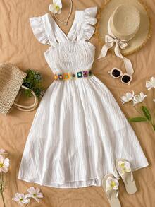Teen Girl Beach Vacation Style White Square Collar Colorful Ruffle Splice Cap Sleeve Waist Cinched A-Line Dress, Suitable For Holiday Wear - White - View 6