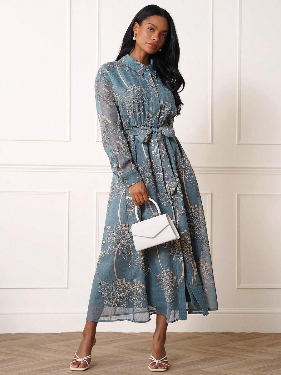 Lilora 女士优雅刺绣长袖衬衫裙 - 綠色 - 查看 1