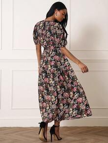 Lilora Chic Women's Boho Midi Dress With Random Print Tie Neck And Half Puff Sleeves In Black Floral Woven Fabric Garden Party Summer - Multicolor - View 8