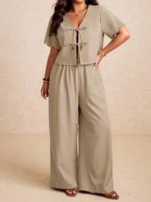 Elaquor Plus Size Women's Solid Color Front Tie Short Sleeve Shirt And Pants Casual 2-Piece Set - Apricot - View 3