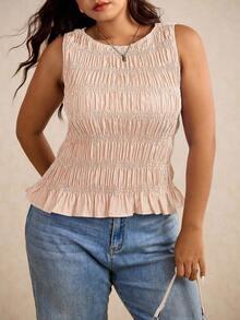 SHEIN Elaquor Camiseta sin mangas con volantes y rayas para mujer talla grande para vacaciones - Amarillo - Ver 4