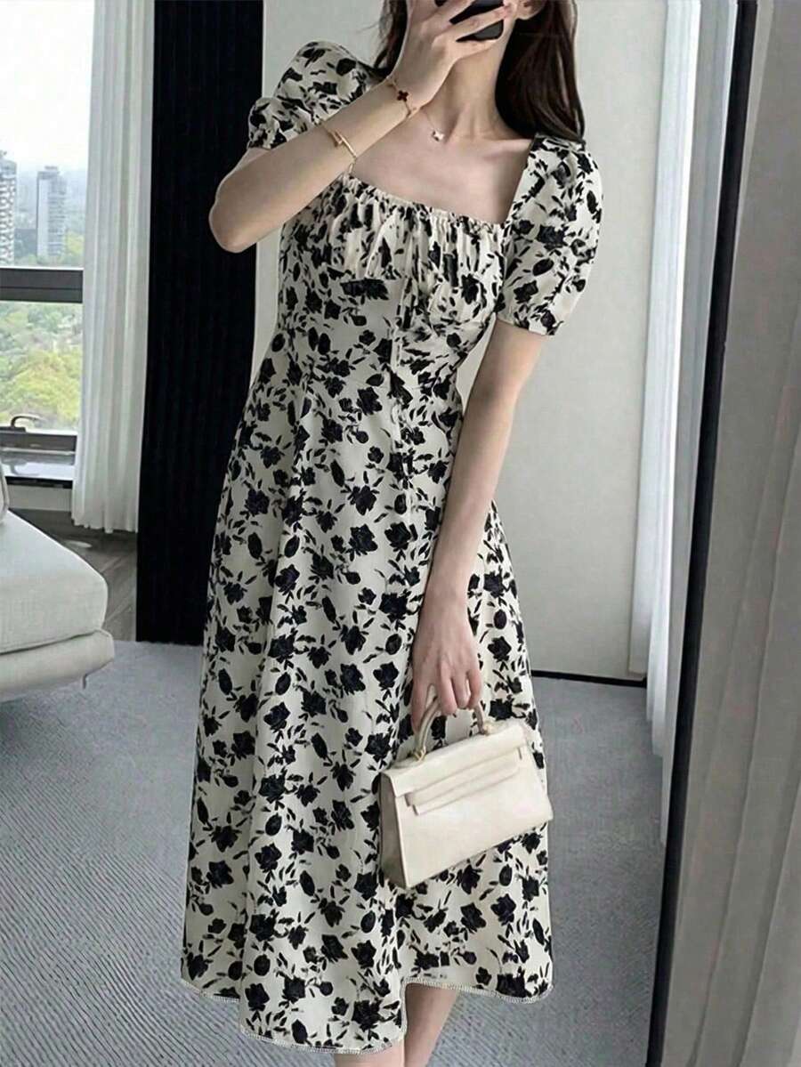 INAWLY Floral Print Square Neck Ruched Bust Elegant Short Sleeve Dress - White - View 1