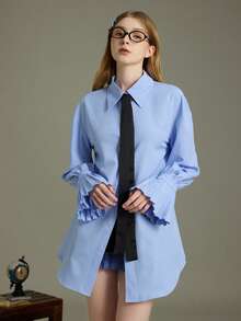 Elnivra Blusa holgada de manga larga con cuello de contraste y pliegues - Azul - Ver 3