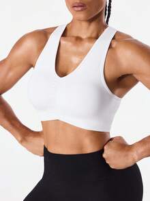 SHEIN Sports 女士纯色褶皱运动文胸 - 白色 - 查看 3