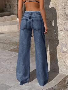 EURMUSE 100%Cotton Rigid, Belt Detailed Wideleg Fit - Light Wash - View 2